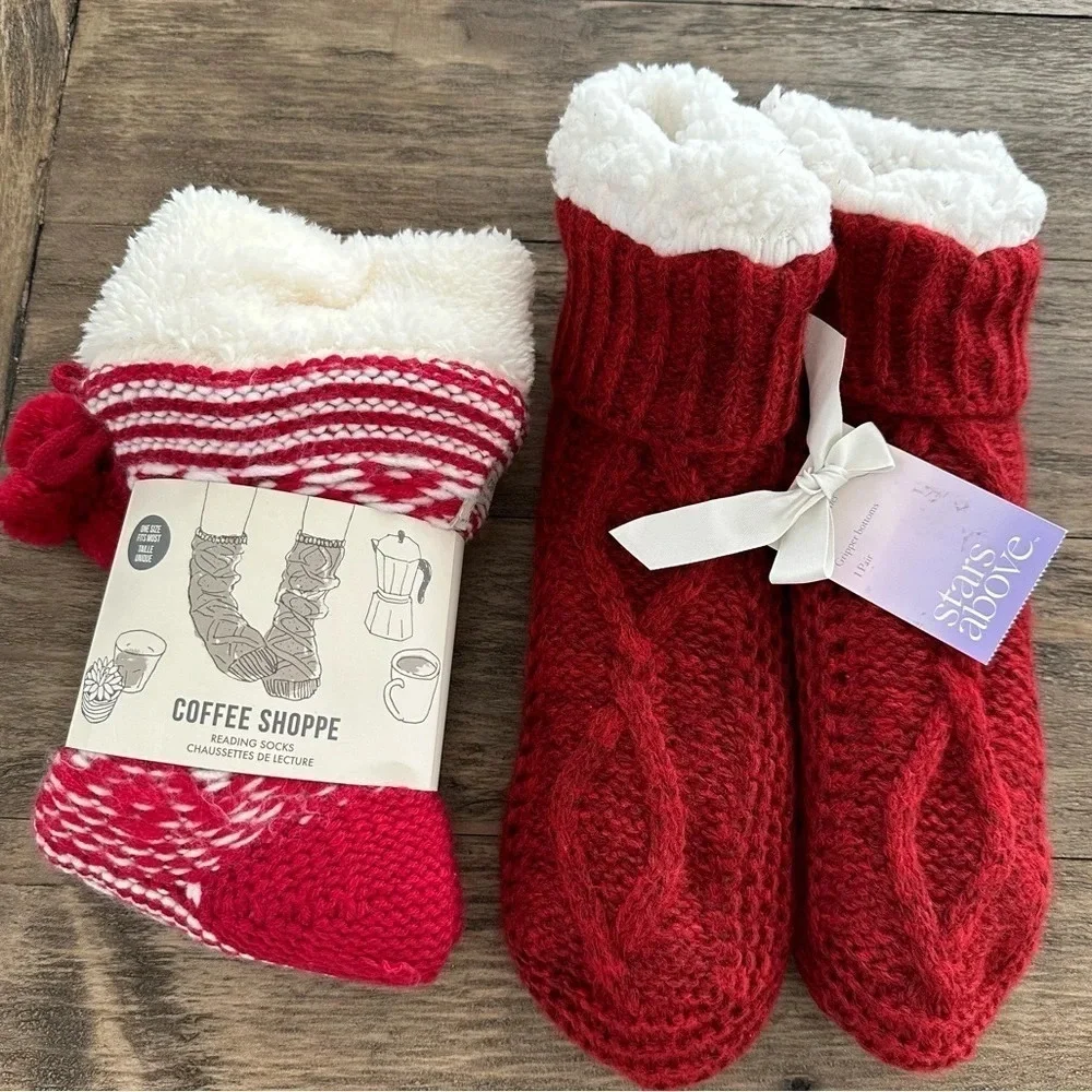 NWT Red Ivory Slipper Booties‎ Fuzzy Socks 2 pair Christmas Holiday stars above